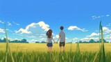 Fototapeta  - Anime Sunshine Two Smiling Figures Holding Hands in a Sunny Summer Field.