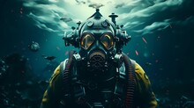 Scuba Diver Man Swimming In The Underwater Sea,  Close Up Face Of Man Wearing Mask, Generative AI