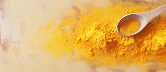 Wall Mural - Wooden spoon on pile of yellow curry powder on a isolated pastel background Copy space