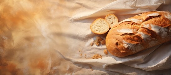 Poster - Baking sheet with sliced fresh bread isolated pastel background Copy space