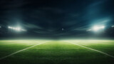 Fototapeta Sport - Stadium lights on empty green grass field. Football, soccer sport game copyspace background