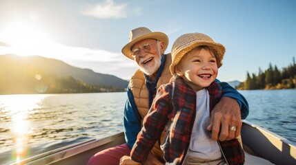 Wall Mural - Radiant Moments: Senior Man and Grandson Share Smiles Aboard a Boat. Generative ai.