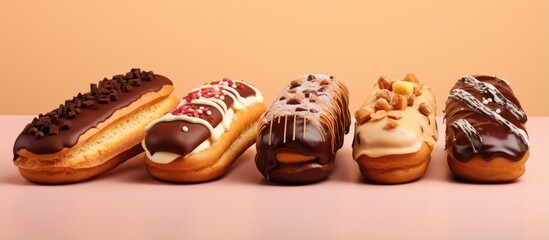 Poster - Chocolate eclairs on a isolated pastel background Copy space