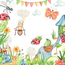 Cute Insects, Grass, Greenery, Dandelions For Cards And Invitations Watercolor Frame Banner 