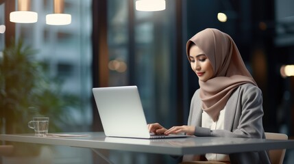 business woman working on a laptop in a professional office,  Stylish Beautiful Manager working on financial and marketing projects, Generative AI