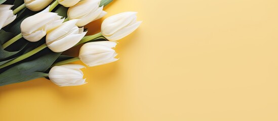 Aufkleber - White and yellow tulips in a bouquet Postcard isolated pastel background Copy space