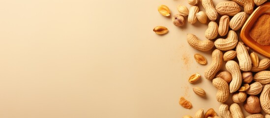 Poster - Isolated isolated pastel background Copy space snack with peanuts and fresh peanut butter a protein super food Copy space