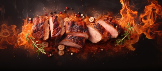 Wall Mural - Burning pork steak pieces isolated pastel background Copy space