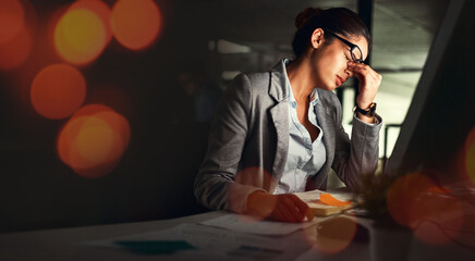 Canvas Print - Business, night and woman with a headache, overlay and overworked with financial audit, tax and pain. Person, employee and worker with a migraine, tired and burnout with stress, dark and frustrated