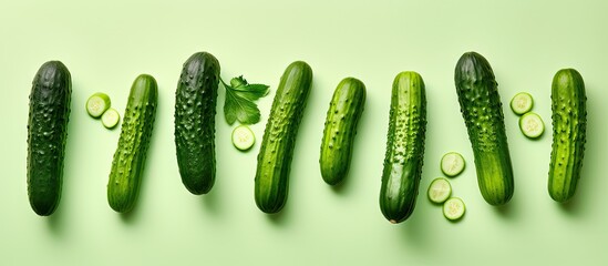 Wall Mural - Crisp cucumbers against isolated pastel background Copy space