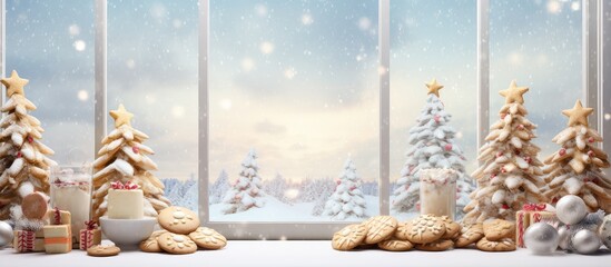 Canvas Print - Cookies on desk and window with Christmas tree backdrop isolated pastel background Copy space