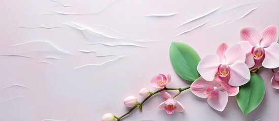 Poster - Therapy stones accompany a pink orchid and green leaf isolated pastel background Copy space