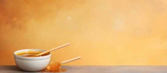 Poster - honey in a clay pot a wooden spoon with honey honey in a clay pot a spoon with honey isolated pastel background Copy space