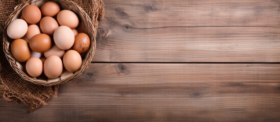 Canvas Print - Eggs in a wooden basket with background close up view isolated pastel background Copy space