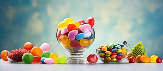 Aufkleber - Assorted vibrant fruit candies and chocolate confections in glass container Ball shaped candies in glass container isolated pastel background Copy space