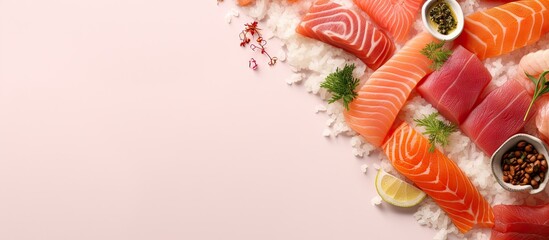 Poster - An isolated picture of a sashimi sushi set with salmon tuna wasabi and shredded radish on a isolated pastel background Copy space with selective focus