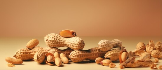 Two seeded peanuts in husks arranged on a isolated pastel background Copy space one of which is broken