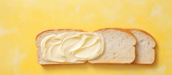 Wall Mural - Buttered bread isolated pastel background Copy space