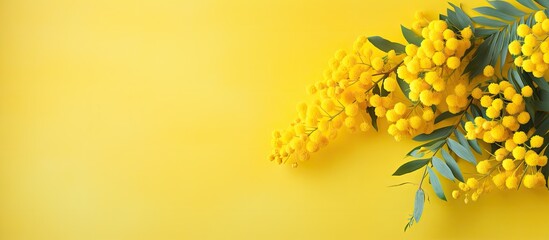 Poster - Springtime macro of a mimosa flower with a yellow hue isolated pastel background Copy space