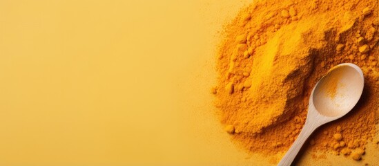 Poster - Isolated wooden spoon piles of turmeric powder isolated pastel background Copy space