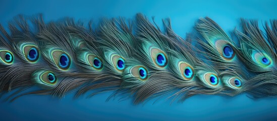 Wall Mural - Peacocks tail feathers in closeup with blue fabric backdrop isolated pastel background Copy space