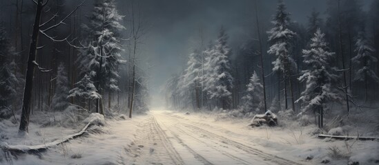 Fototapete - Nighttime winter road in a forested setting isolated pastel background Copy space