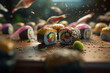 Sushi set nigiri and sushi rolls served on wooden board on dark background. Generative AI