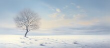 A Tree Without Leaves Casting A Shadow Over A Snowy Expanse Isolated Pastel Background Copy Space