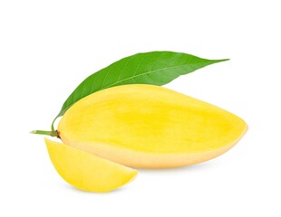 Wall Mural - Mango fruits with slices and leaves isolated on white background.