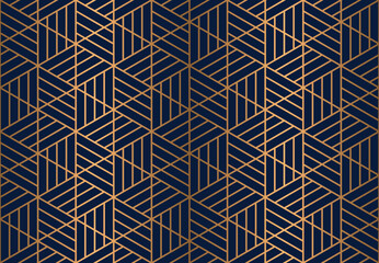 Wall Mural - Seamless hexagon pattern with gold strip line on blue background, luxury art deco repeat tile vector illustration.