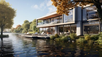 Wall Mural - modern house by the river, sunshine, 16:9, high quality picture