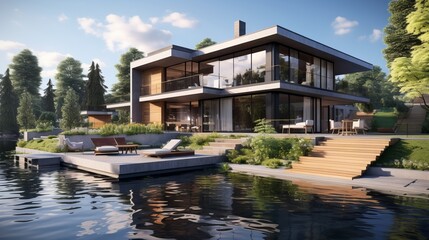 Wall Mural - modern house by the river, sunshine, 16:9, high quality picture