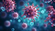 covid-19 illustration, microscopic view of floating influenza virus cell, 16:9, copy space