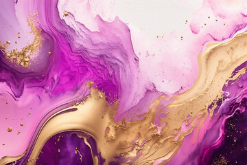 Poster - purple pink fluid art watercolor background with golden glitter