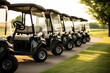 Five golf carts lined up waiting for the next golfers. Black with cream colored upholstery