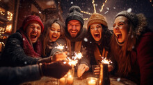 Happy Friends With Sparklers Celebrate Christmas