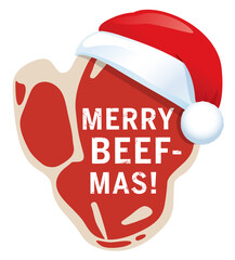 Wall Mural - Button Merry Beefmas in Steakform mit Weihnachtsmütze zerkratzt
