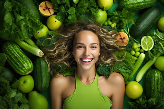 Beauty portrait of a sports woman surrounded by various healthy food lying on the floor.