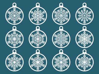 Poster - Set of laser cut Christmas balls with snowflake cutout of paper Sample Template for Christmas card, invitation for Christmas party For laser or plotter cutting printing serigraphy	