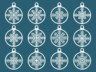 Sticker - laser cut Christmas balls with snowflake cutout of paper Sample Template for Christmas card, invitation for Christmas party For laser or plotter cutting printing serigraphy	