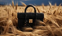 Fashionable bag and leather in a wheat field, against the background of golden ears of grain. Made in AI