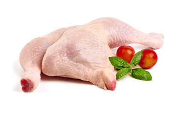 Wall Mural - Raw chicken leg quarters, isolated on white background. High resolution image.