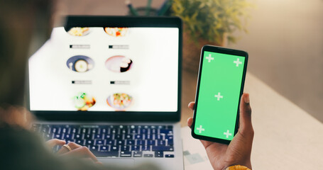 Aufkleber - Laptop, green screen and phone in hands for food delivery order, restaurant menu and online shopping catalog. Person on ecommerce website or omnichannel choice for lunch on cellphone chromakey mockup