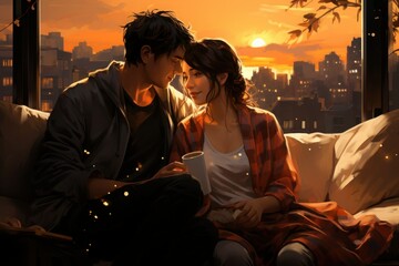 Wall Mural - illustration of young couple sitting on sofa