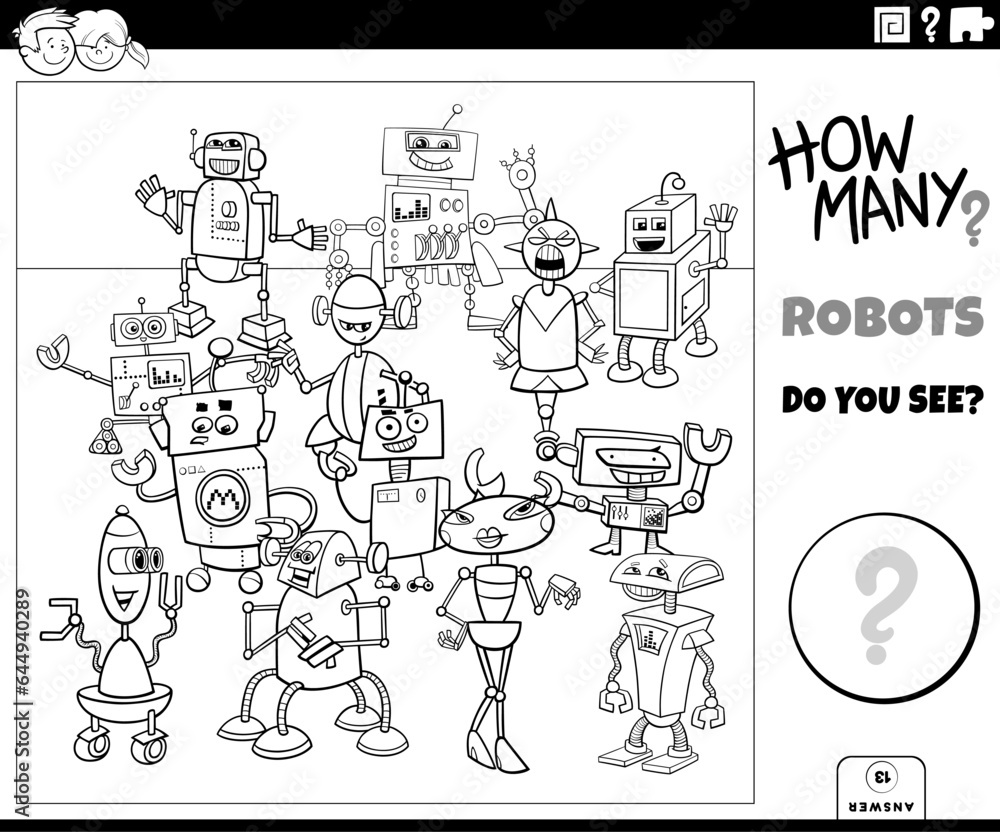 counting cartoon robots characters educational activity coloring page ...