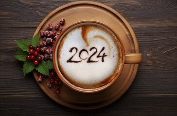 Happy New Year goal. Number 2024 on frothy surface of cappuccino coffee in cup. Resolutions Concept. Copy Space.