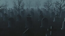 A 3D Animation Of A Slow Flight Above Creepy Cemetery Against A Foggy Background. It Can Be Used As Background In Halloween Events, Intros, Trailers, Etc.