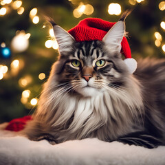 Beautiful big cat in a Christmas hat next to the Christmas tree