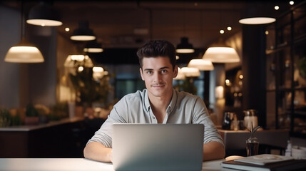 Wall Mural - Young man, working on laptop, boy freelancer or student with computer in cafe at table