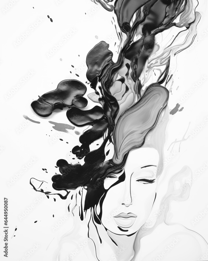 Abstract Black and White Portrait of Woman with Splattered Paint and Flowing Hair in Zen State